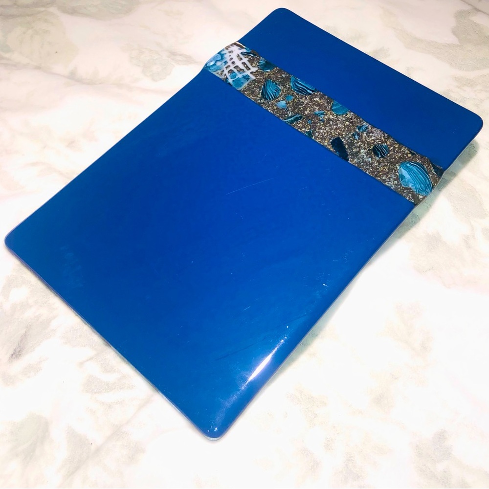 Artist Quintanilla Signed Fused Glass Platter - Cobalt Blue w/Mosaic, 9.5x 7